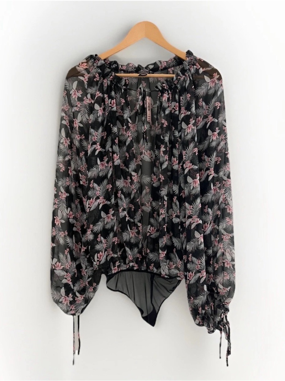 NWT Victoria's Secret Black Sheer Floral Blouse Bodysuit with Pink Flowers Small